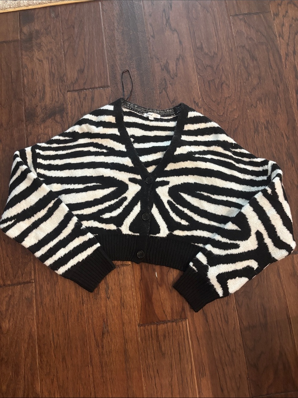 Zebra-Striped Black & White V-Neck Cropped Cardigan